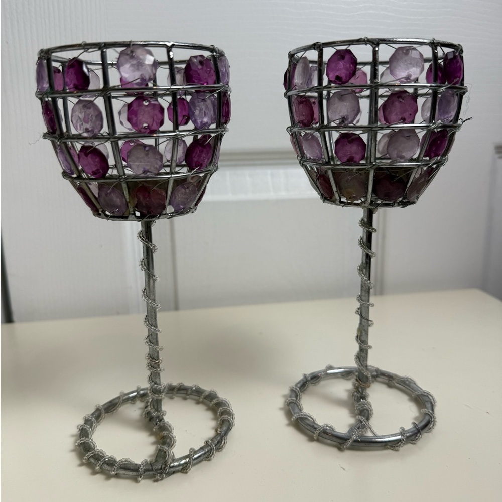 Set of 2 Purple Crystal Beaded Candle Holders Glam Decor